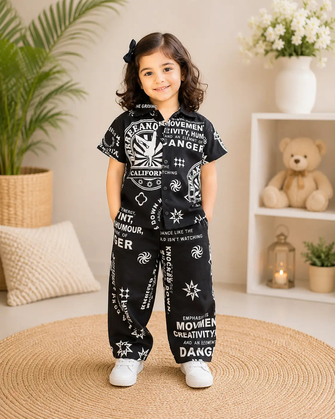 Kids Dark Navy Blue Graphic Typography Printed Shirt & Pant  Set