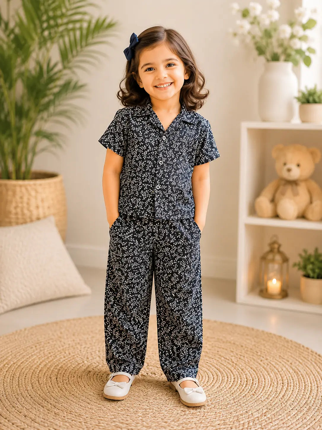 Kids Dark Navy Blue Floral Vine Printed Shirt & Pant  Set