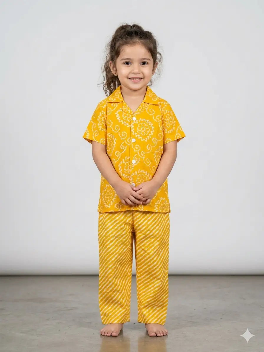 Kids Mustard Yellow Printed Shirt & Pant  Set
