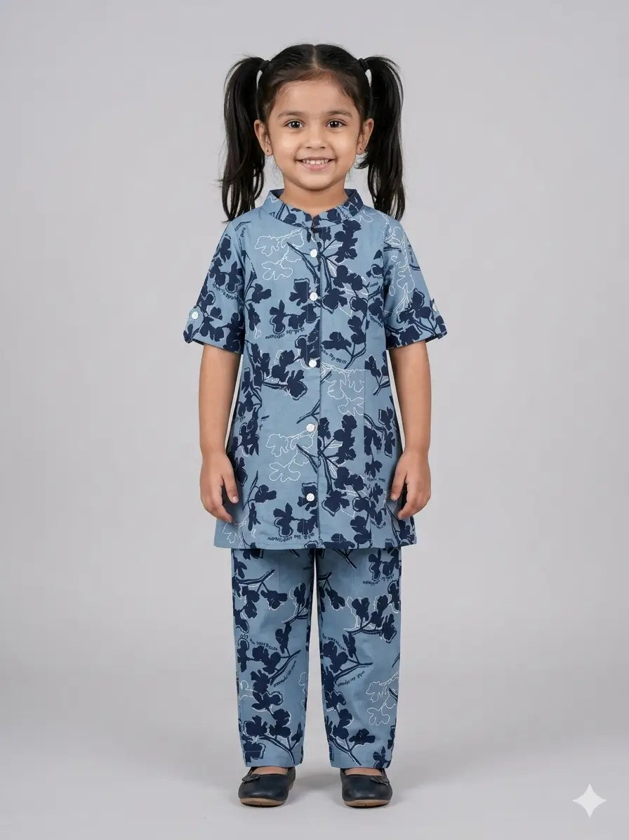 Girls Dusty Blue Floral Printed Cotton  Set  kurthi & Pant