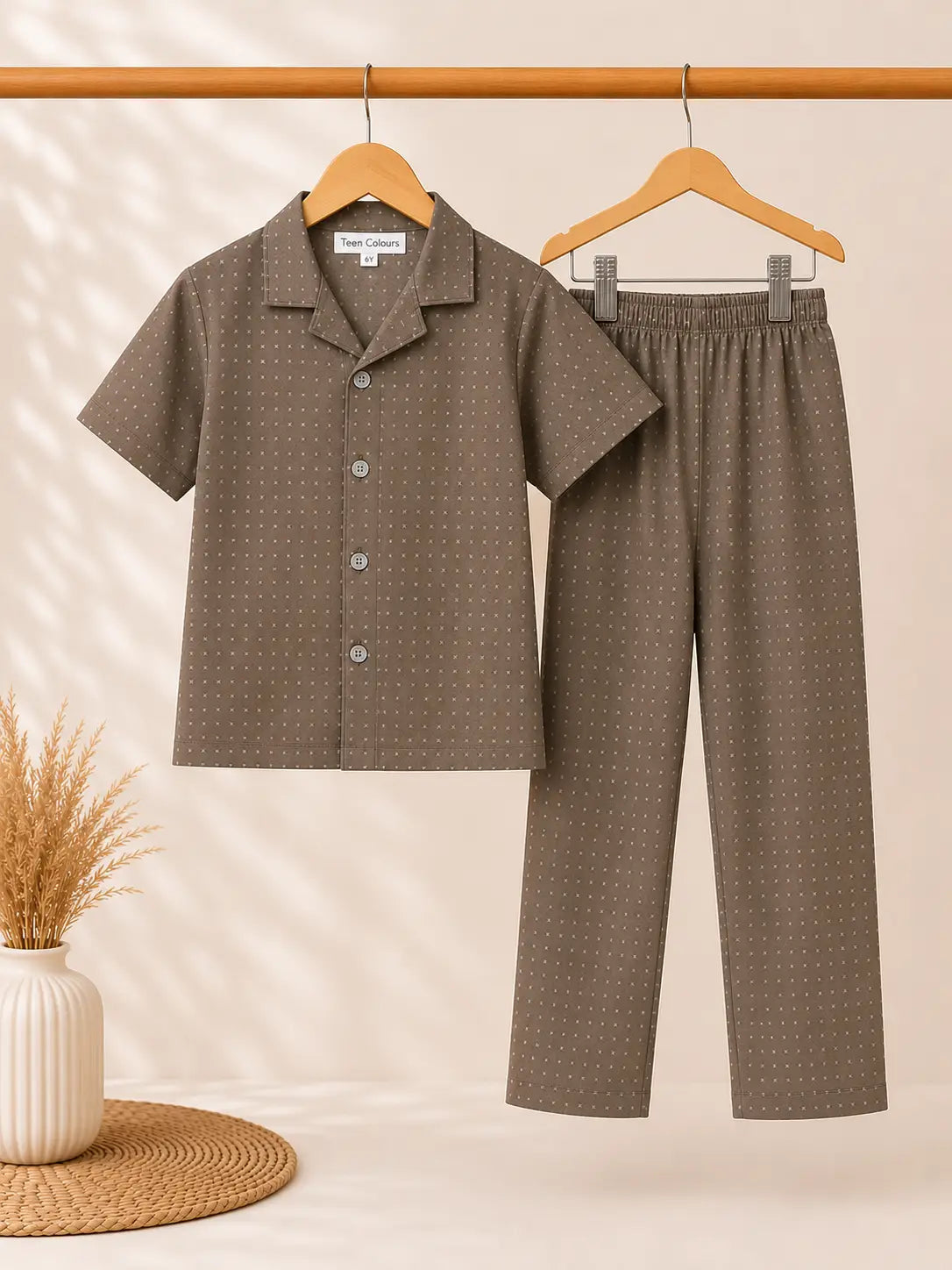 Kids Olive Brown Micro Print Shirt & Pant  Set