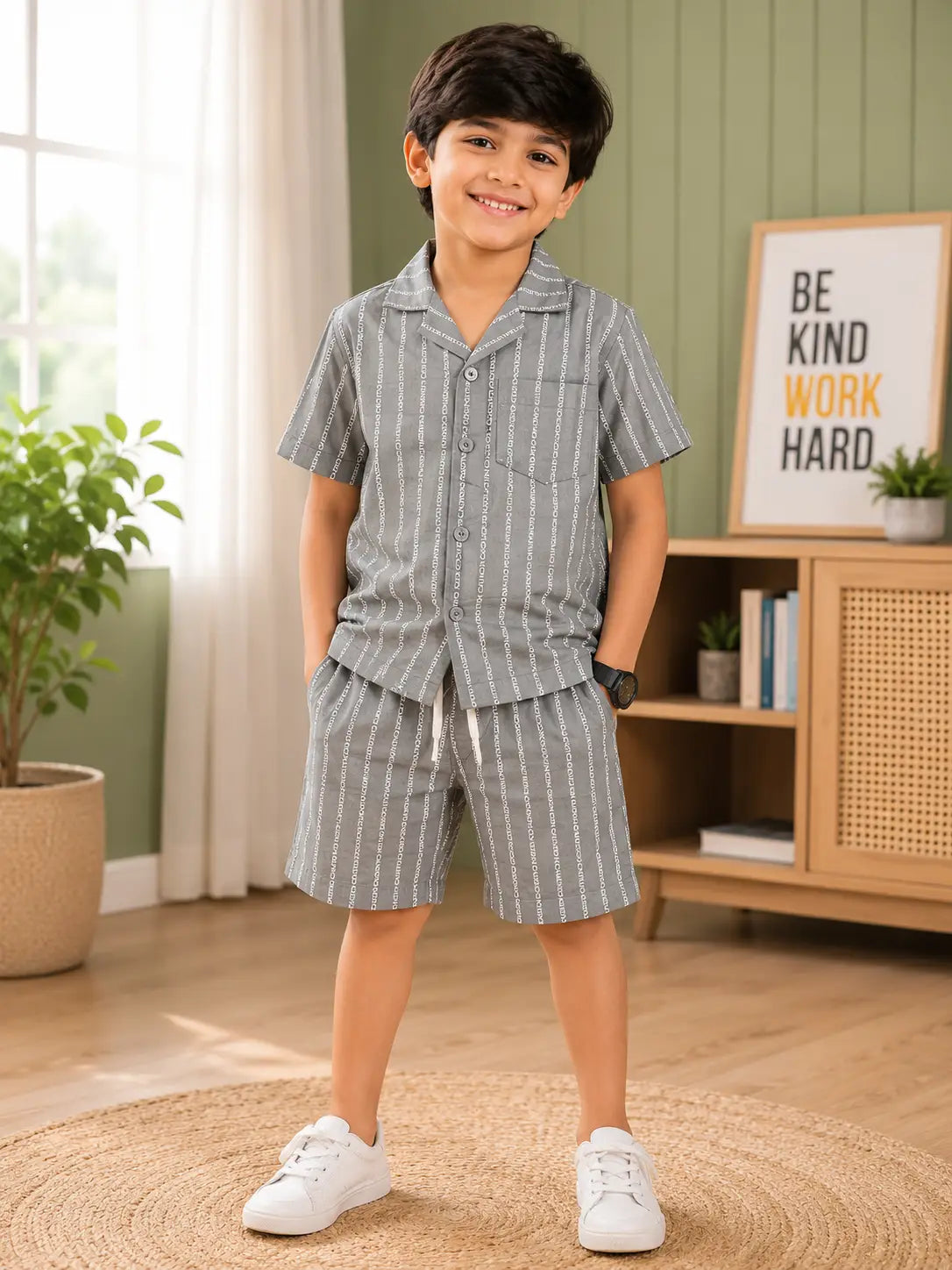 Kids Steel Grey Typography Printed Shirt & Shorts  Set