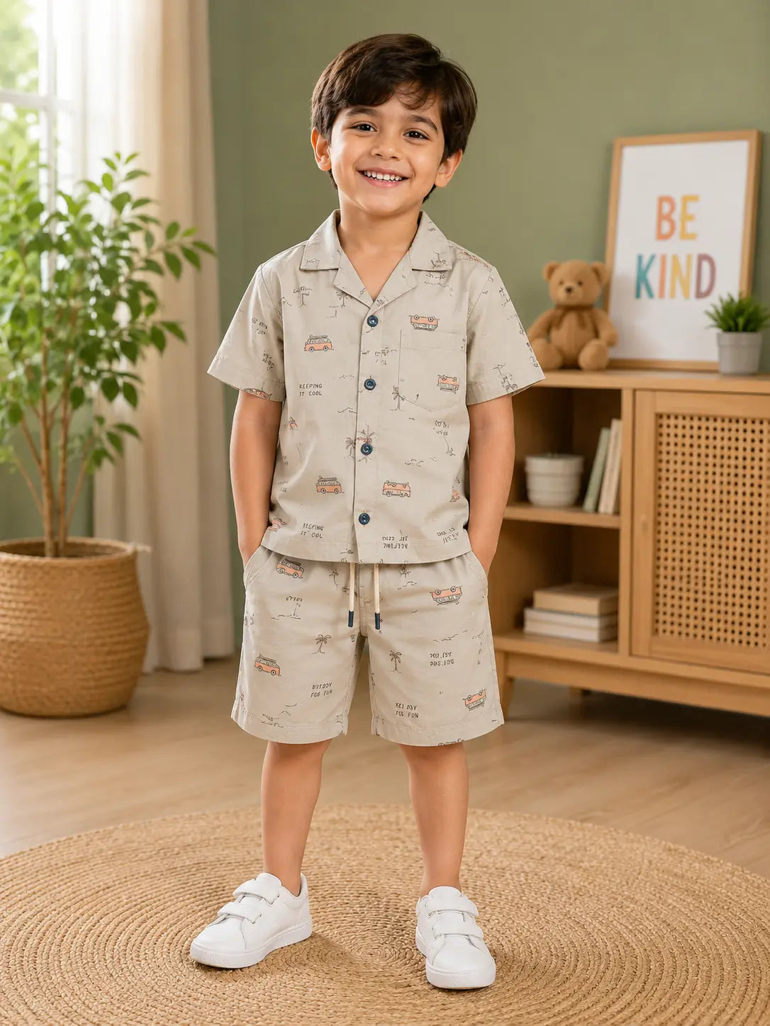 Boys Beige Printed Half Sleeve Shirt & Shorts  Set