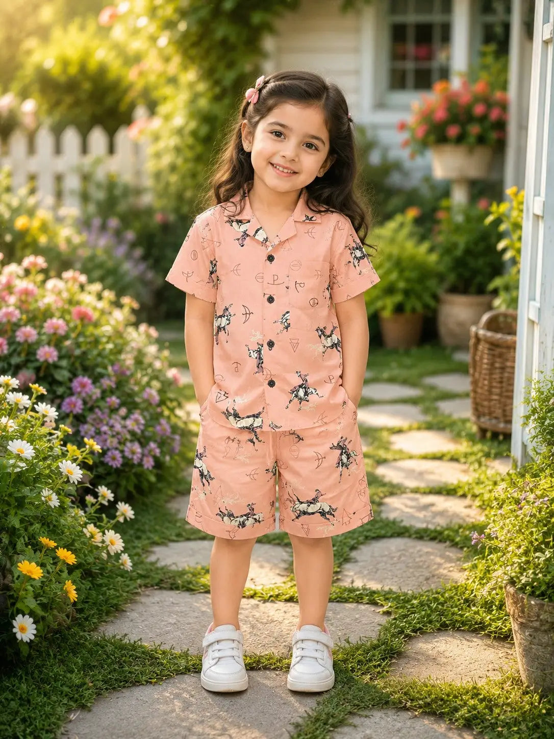 Boys Peach Horse Print Half Sleeve Shirt & Shorts Co-Ord Set
