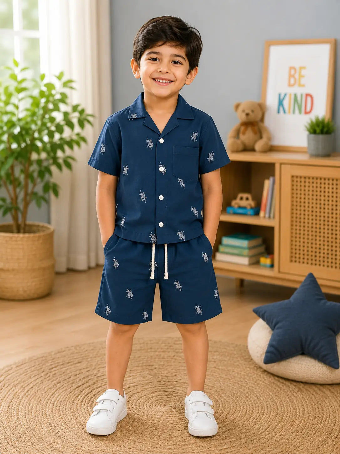 Boys Navy Blue Polo Print Half Sleeve Shirt & Shorts Co-Ord Set