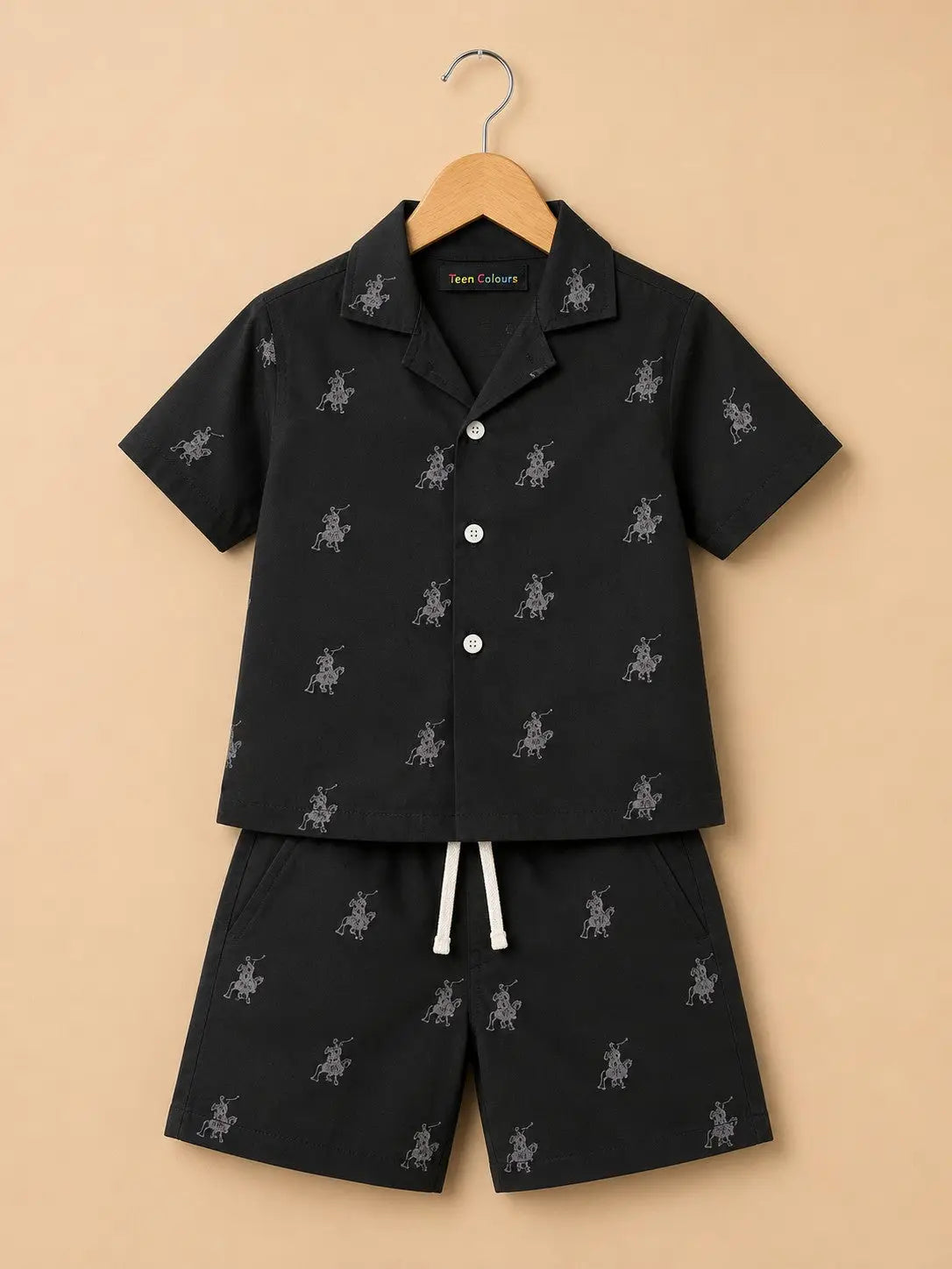 Boys Dark Navy Blue Polo Rider Print Half Sleeve Shirt & Shorts  Set