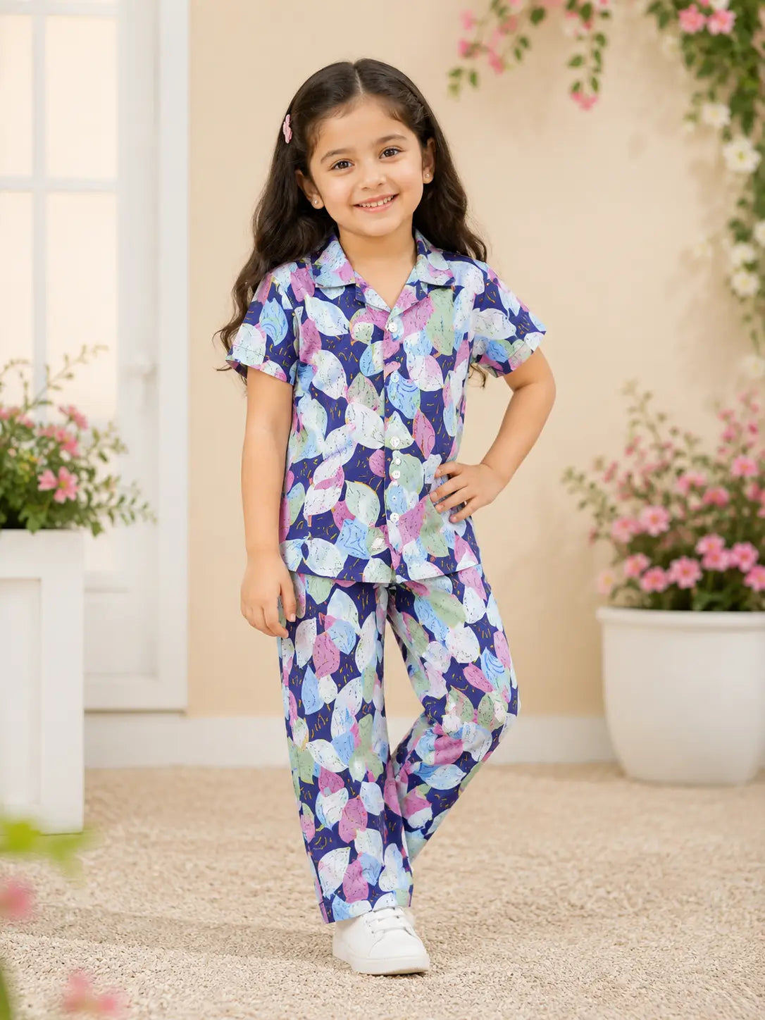 Kids Navy Blue Tropical Leaf Printed  Set