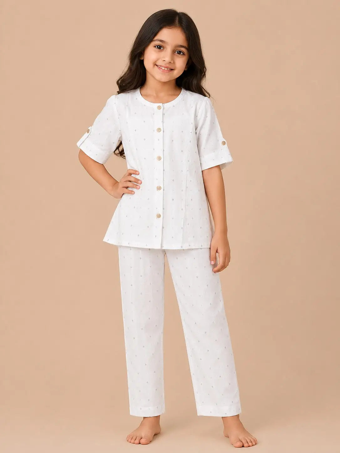 Girls Classic White Dobby Cotton  Set  kurthi & Pant