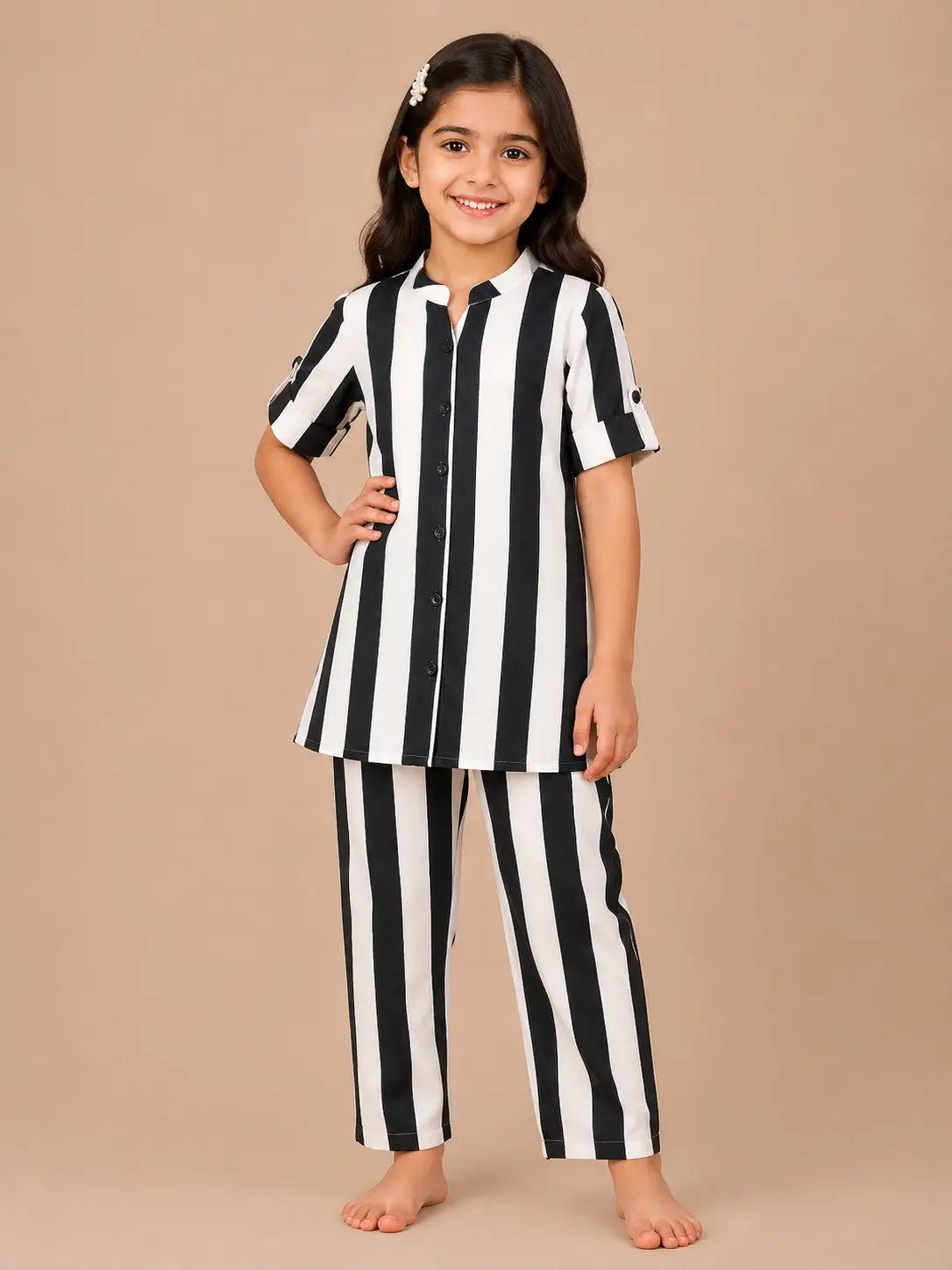 Girls Dark Navy Blue & White Vertical Stripe Cotton  Set  Half Sleeve kuthi & Pant