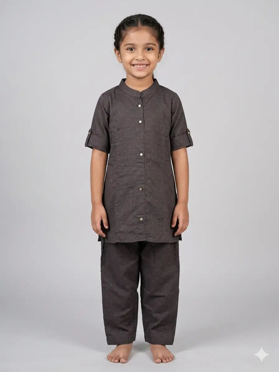Girls Charcoal Brown Dobby Dot Cotton  Set  kurthi & Pant