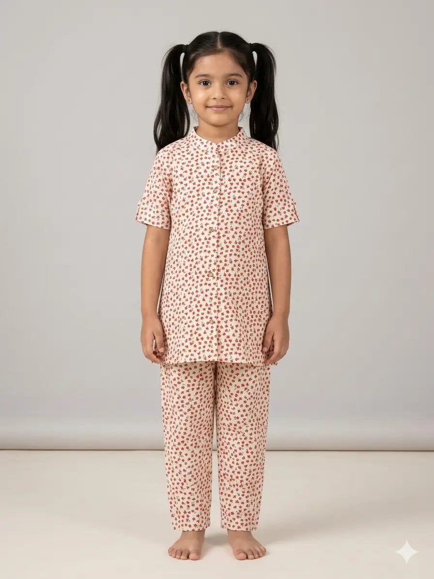 Girls White & Red Floral Printed Cotton  Set  kurthi & Pant