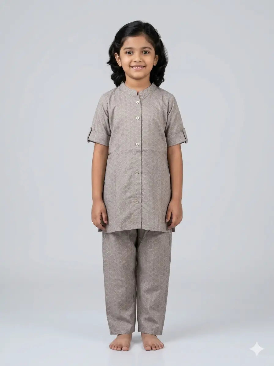 Girls Beige Geometric Printed Cotton  Set  kurthi & Pant