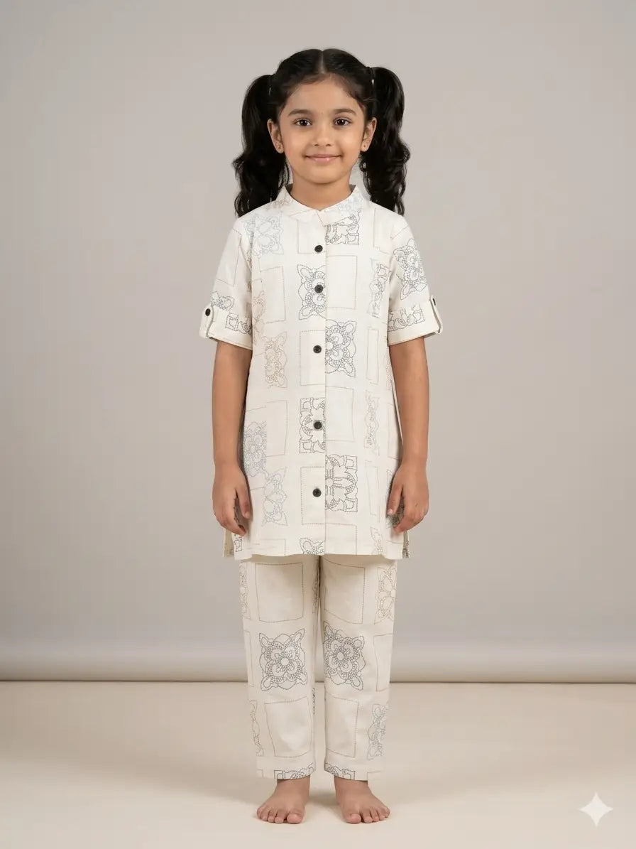 Girls  Cream Floral Geometric Printed Cotton  Set  kurthi & Pant