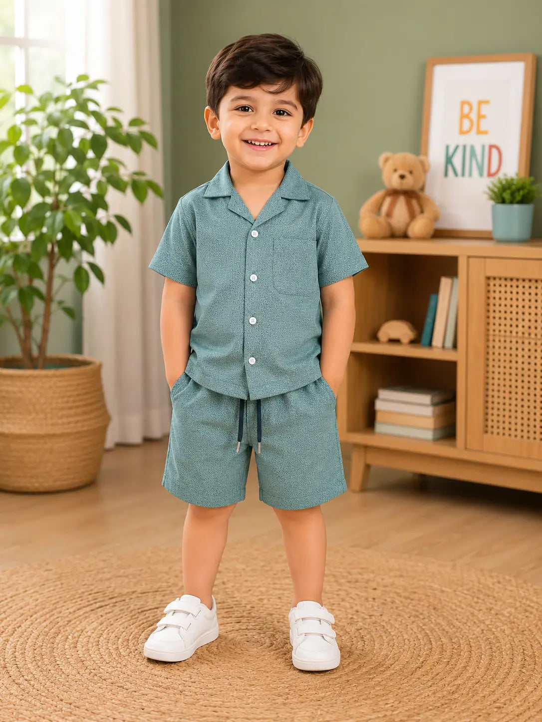 Boys Teal Green Printed Half Sleeve Shirt & Shorts  Set