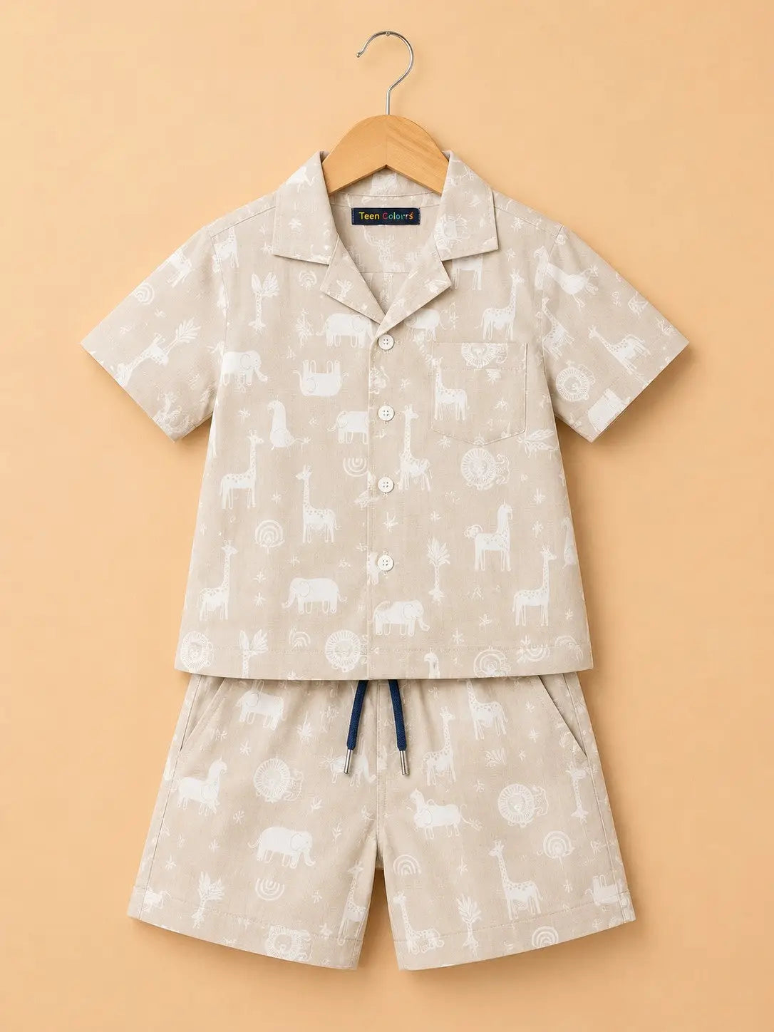 Boys Beige Beach Print Half Sleeve Shirt & Shorts  Set
