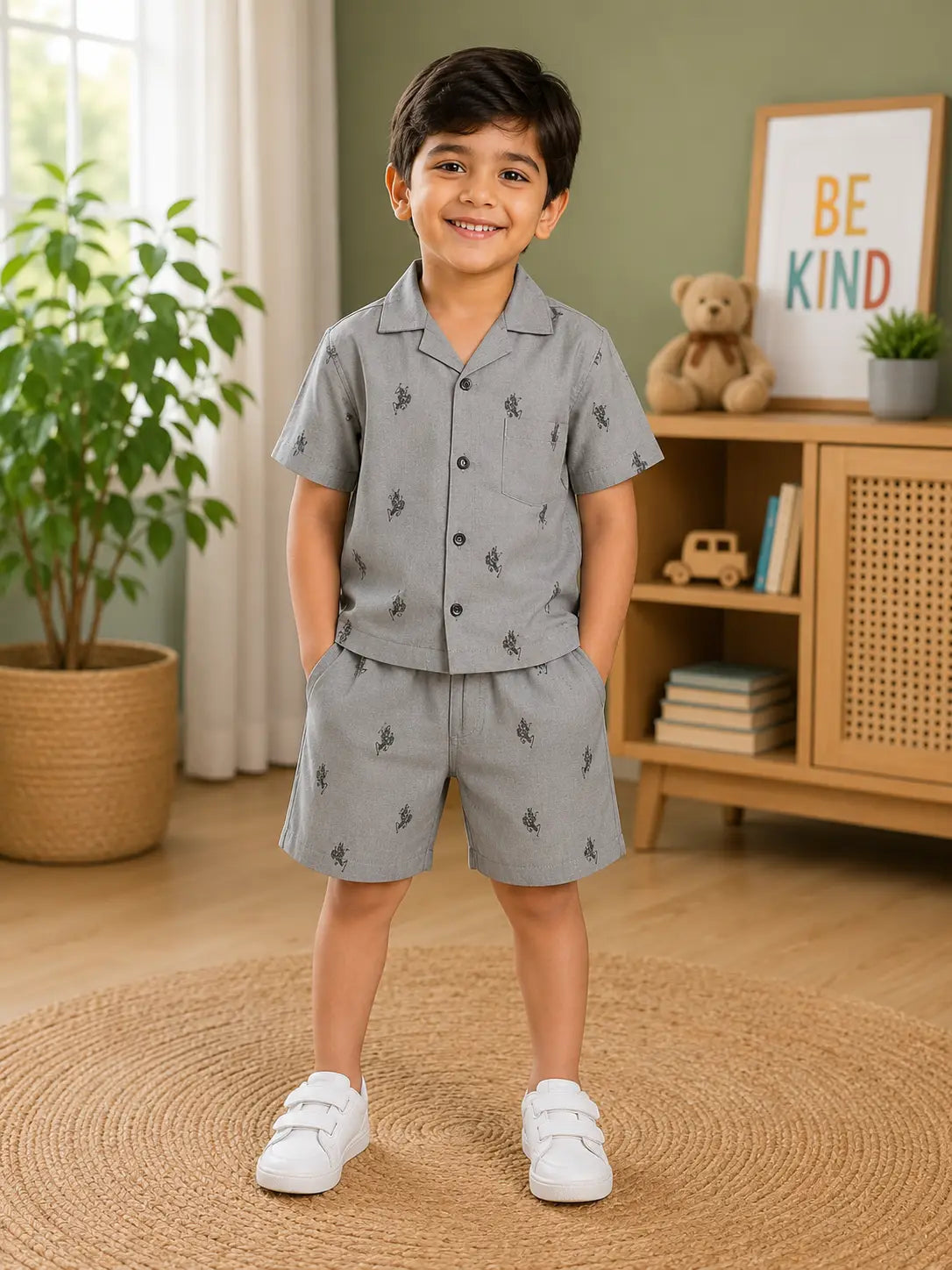 Boys Charcoal Grey Polo Print Half Sleeve Shirt & Shorts  Set