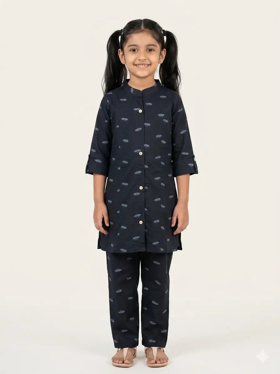 girls Navy Blue Mini Hat Printed Cotton  Set  kurthi & Pant