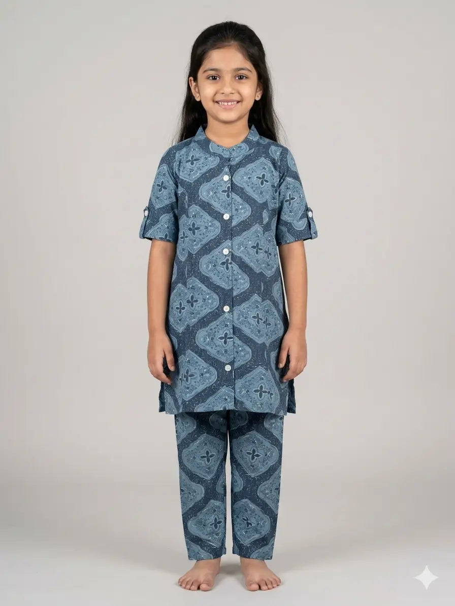Girls Blue Geometric Floral Printed Cotton  Set  kurthi & Pant