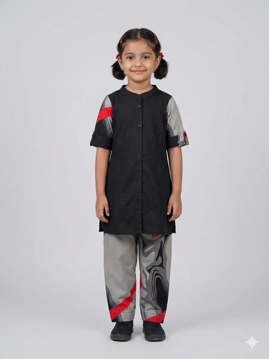 Girls Dark Navy Blue & Grey Geometric  Set  Stylish kurthi & Pant