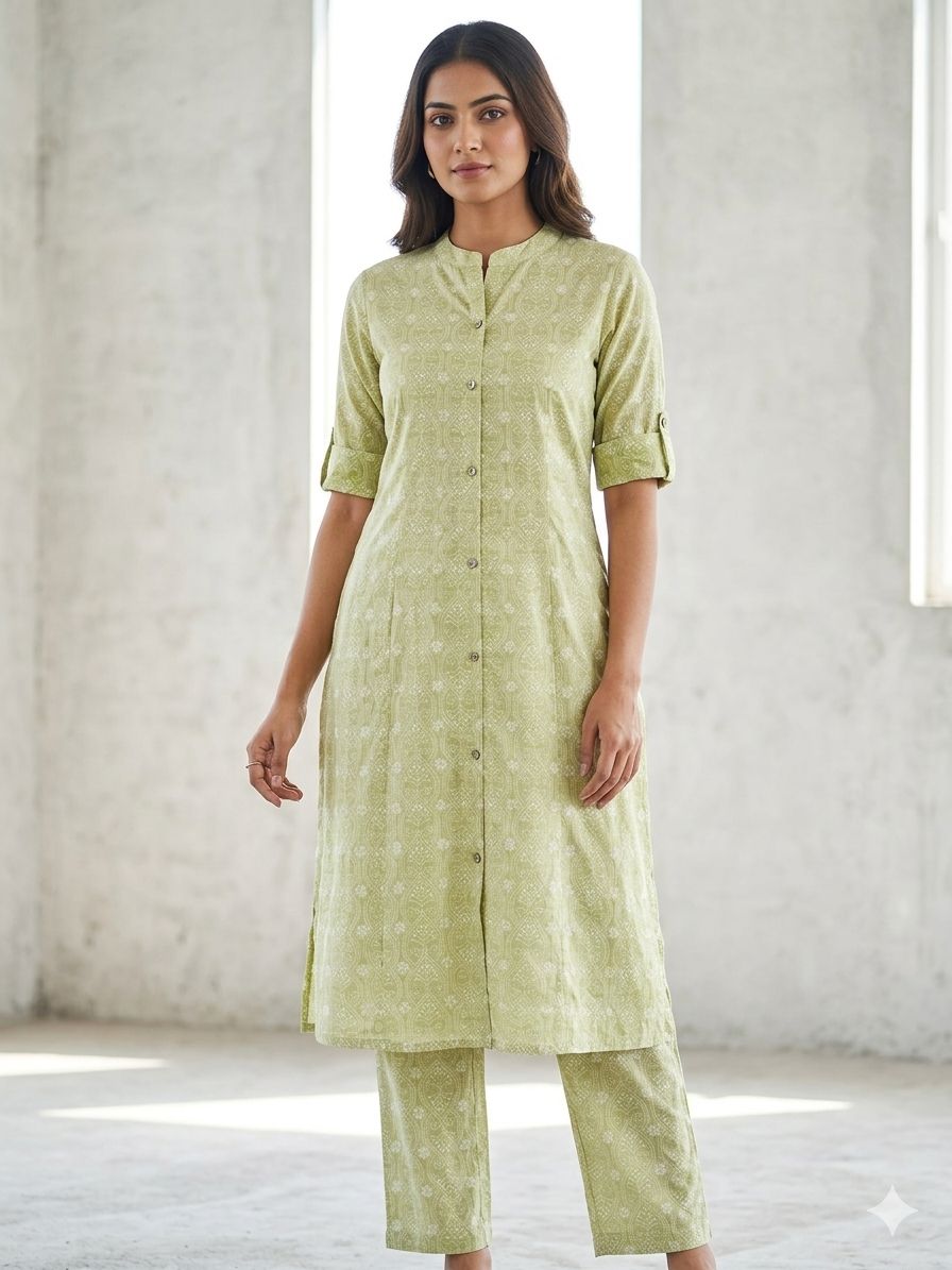 Women's Sage Green Ethnic Printed 3/4 Sleeves Kurti & Pant Co-Ord Set