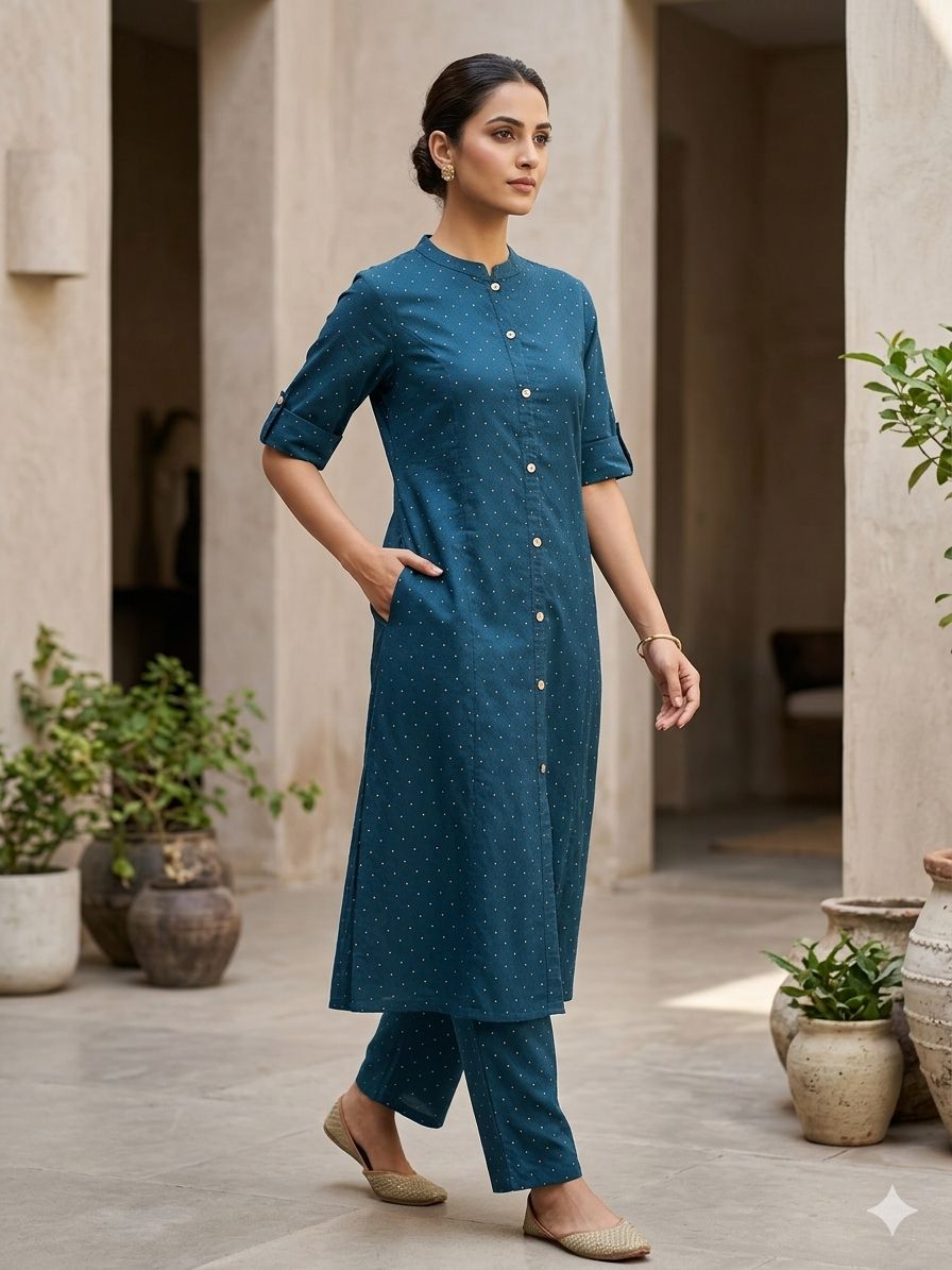 Women's Navy Blue Dobby Printed 3/4 Sleeves Kurti & Pant Co-Ord Set