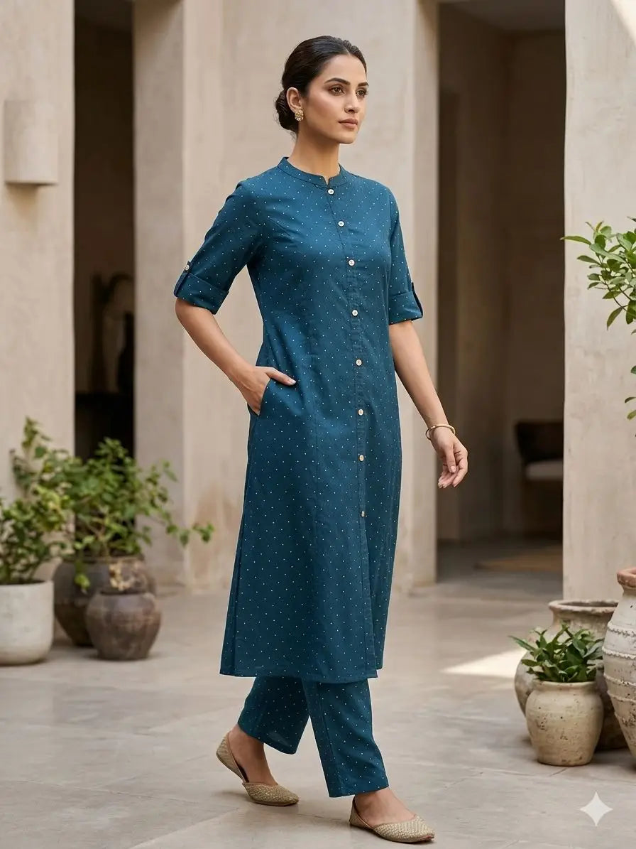 Women's Navy Blue Dobby Printed 3/4 Sleeves Kurti & Pant Co-Ord Set