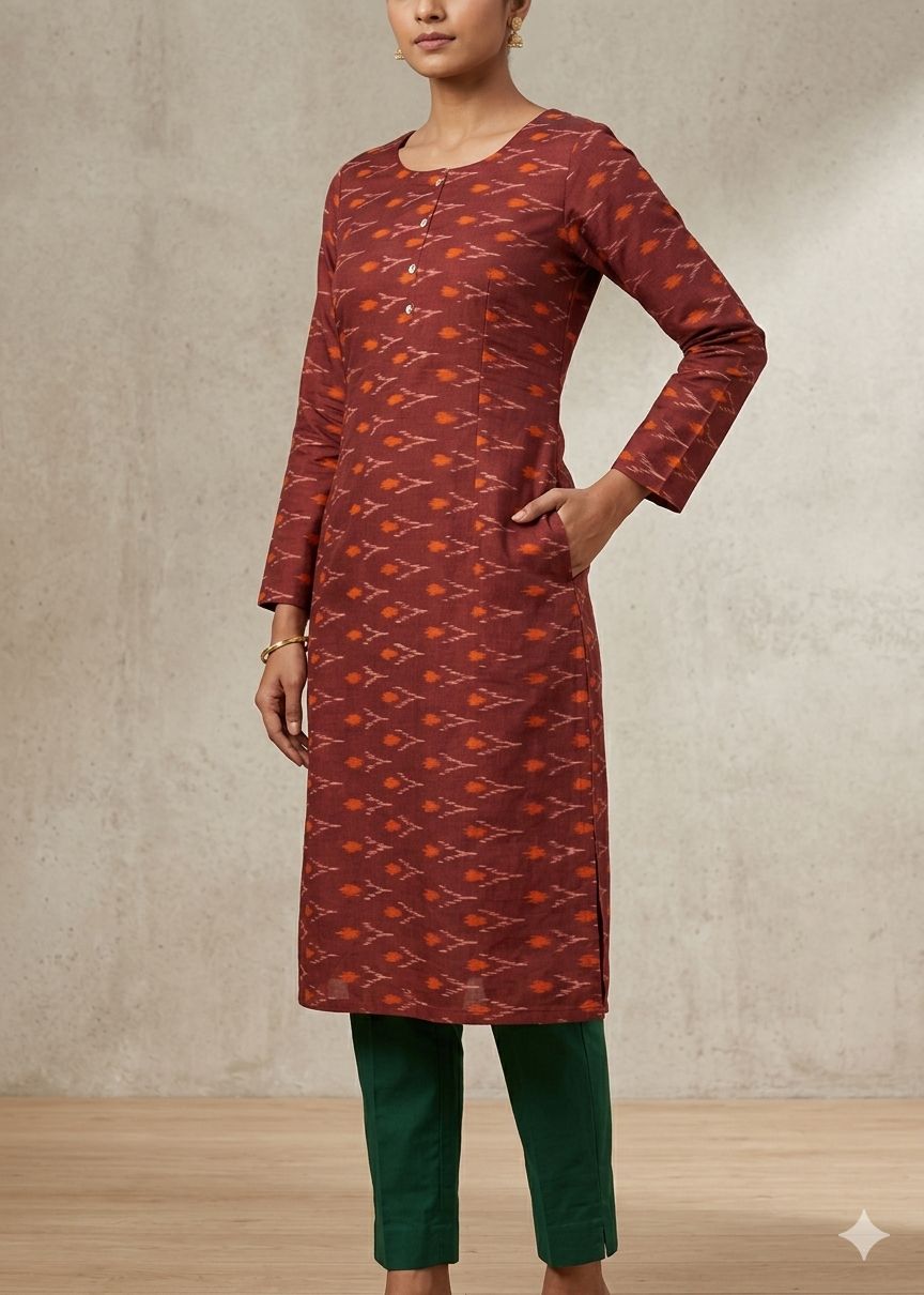 Women's Maroon Ikat Print Straight Kurti with Three-Quarter Sleeves
