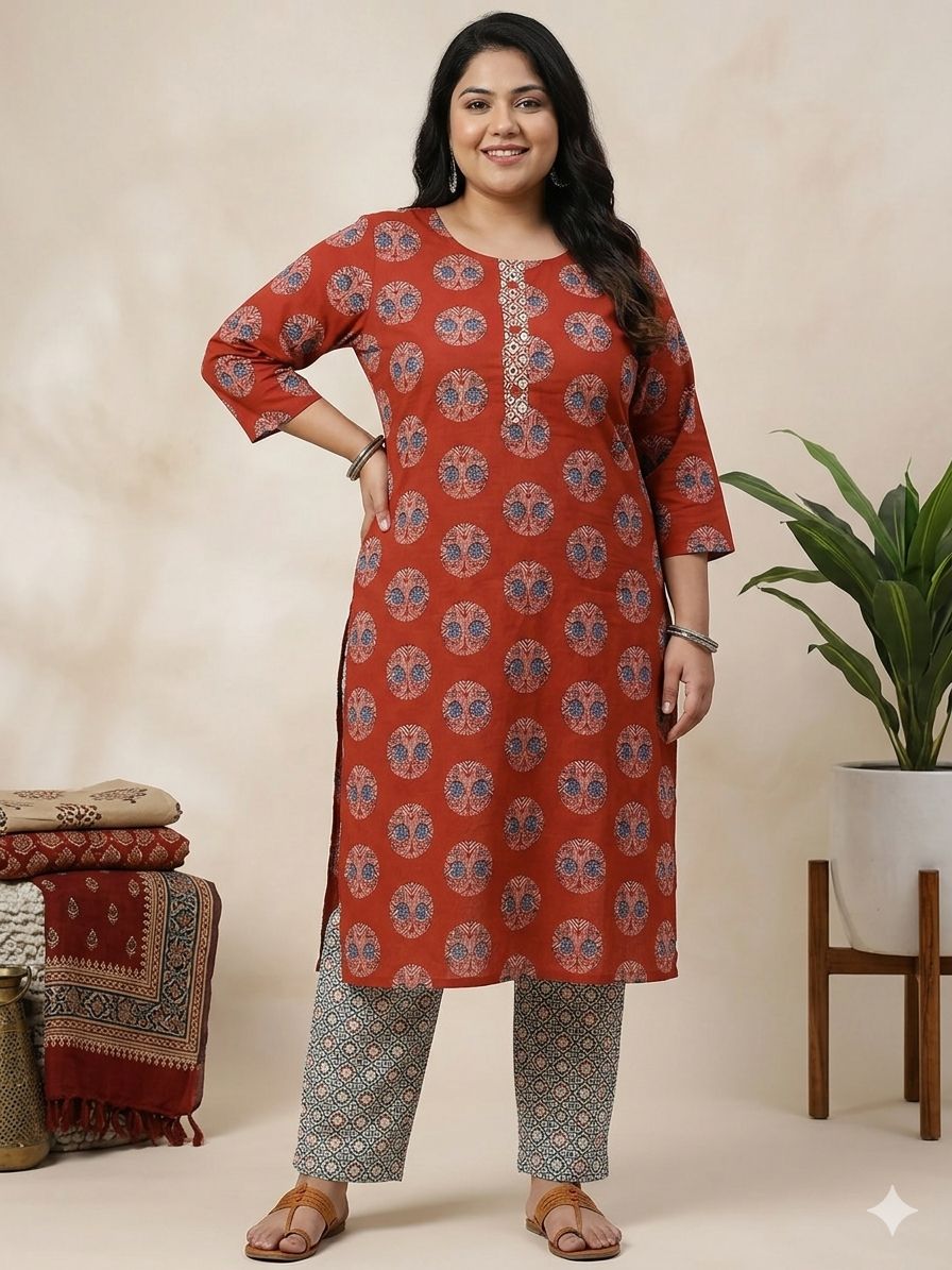 Women's 3/4 sleeves Indigo Blue Ajrakh Printed Kurti Pant & Dupatta 3-Piece Set