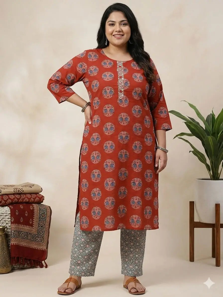 Women's 3/4 sleeves Indigo Blue Ajrakh Printed Kurti Pant & Dupatta 3-Piece Set