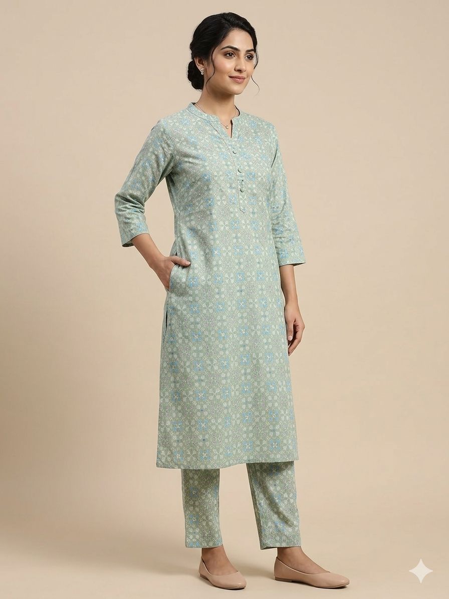 Women's 3/4 sleeves Mint Green Ethnic Printed Kurti & Pant Co-Ord Set