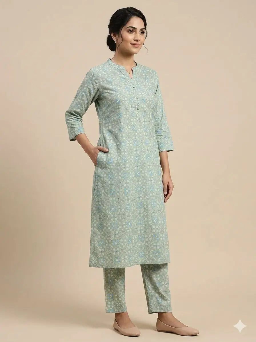 Women's 3/4 sleeves Mint Green Ethnic Printed Kurti & Pant Co-Ord Set
