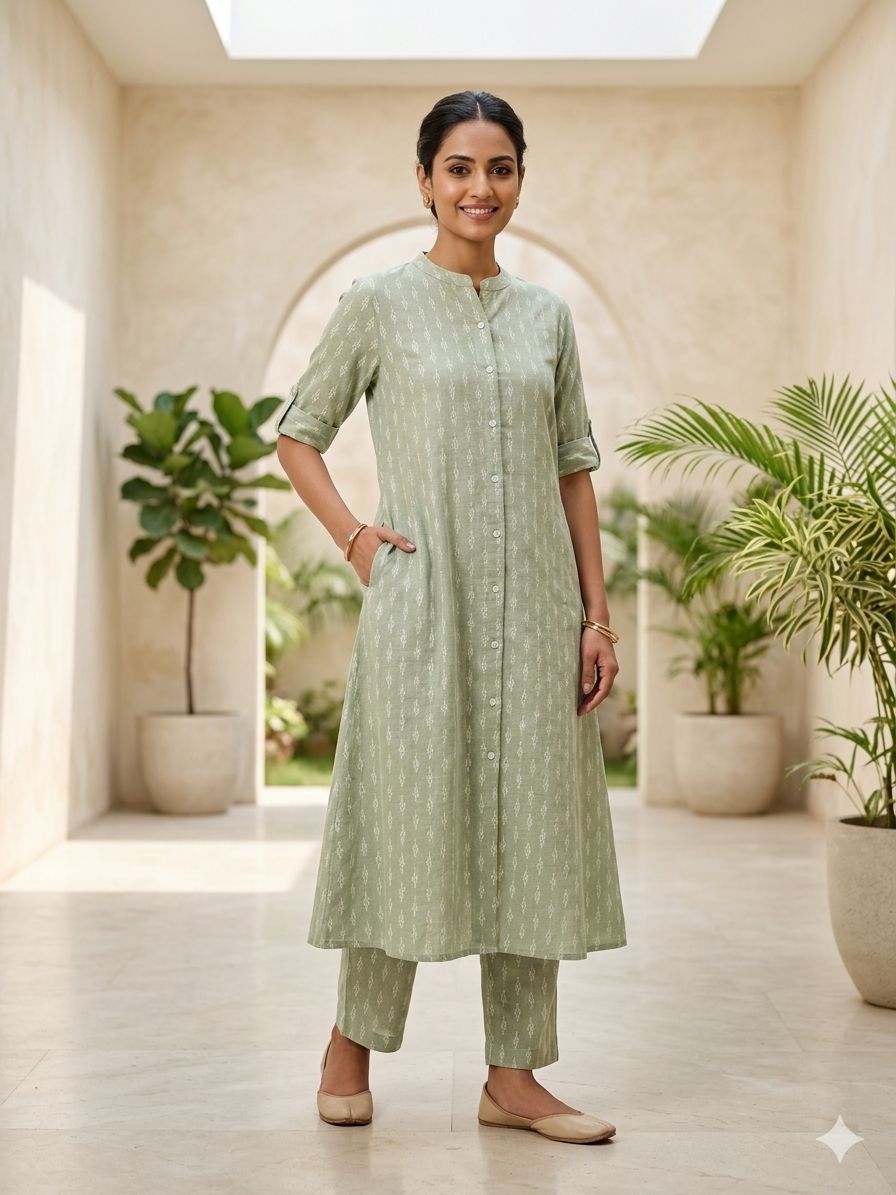 Women's 3/4 sleeves Sage Green Ethnic Printed Kurti & Pant Co-Ord Set