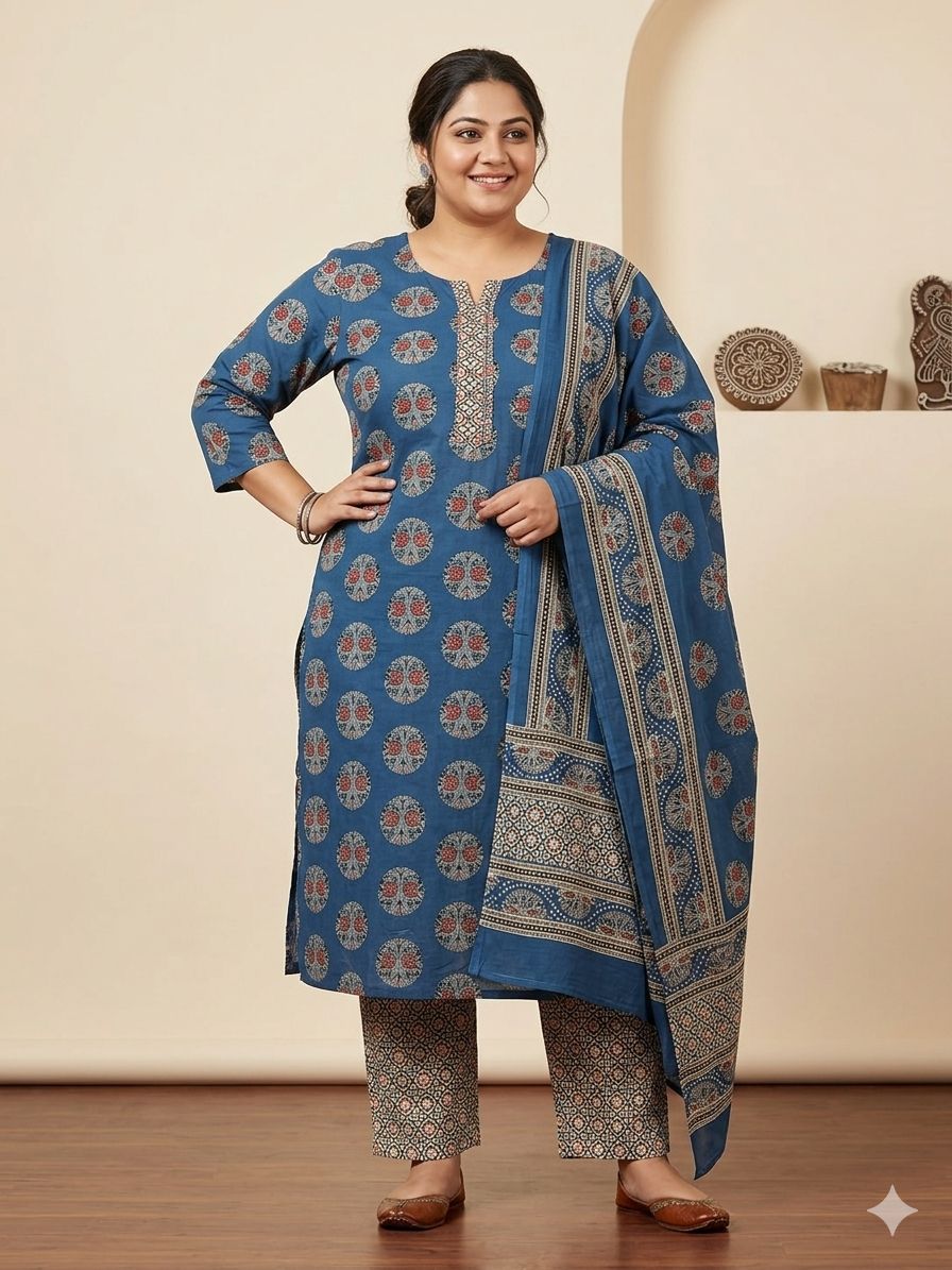 Women's 3/4 sleeves Indigo Blue Ajrakh Printed Kurti Pant & Dupatta 3-Piece Set