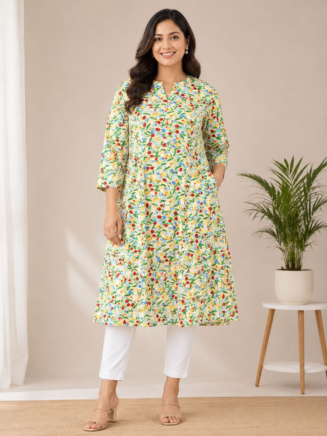 Women's 3/4 sleeves Lemon Yellow Floral Printed Kurti