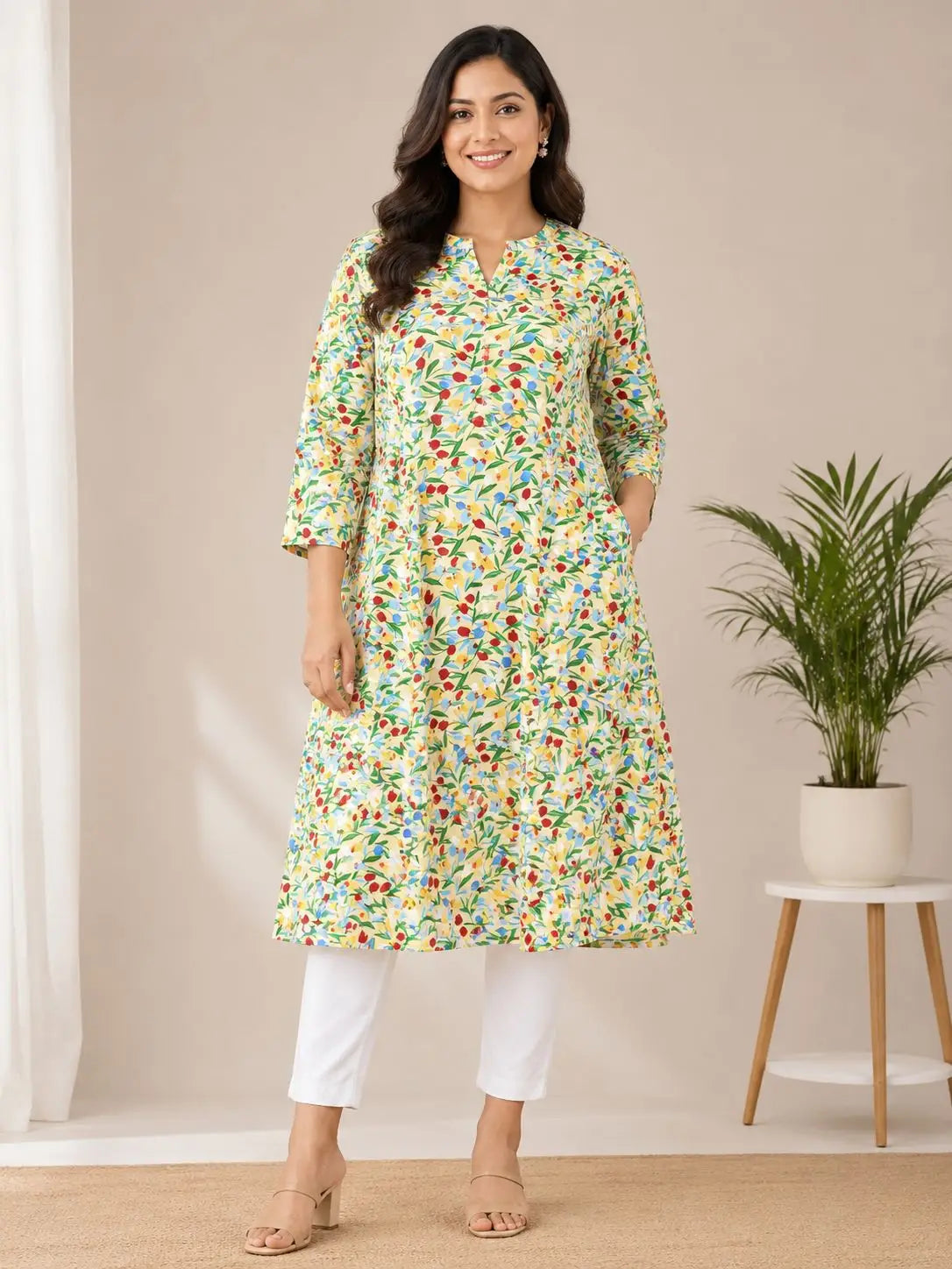 Women's 3/4 sleeves Lemon Yellow Floral Printed Kurti