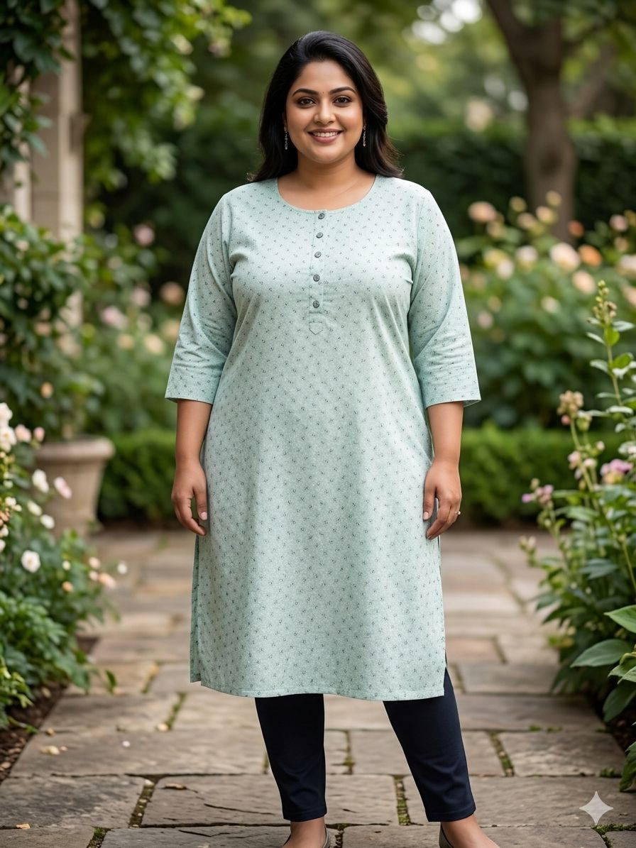 Women's Mint Green 3/4 sleeves Floral Printed Straight Kurti