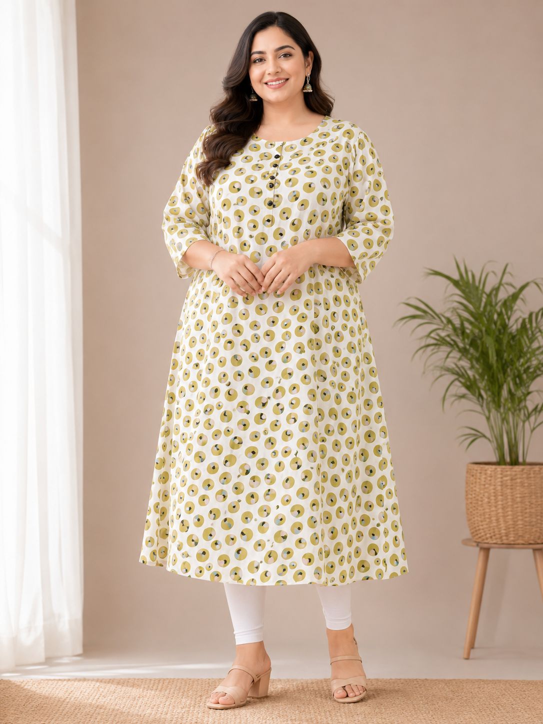 Women's Off White Abstract Printed 3/4 sleeves A-Line Kurti
