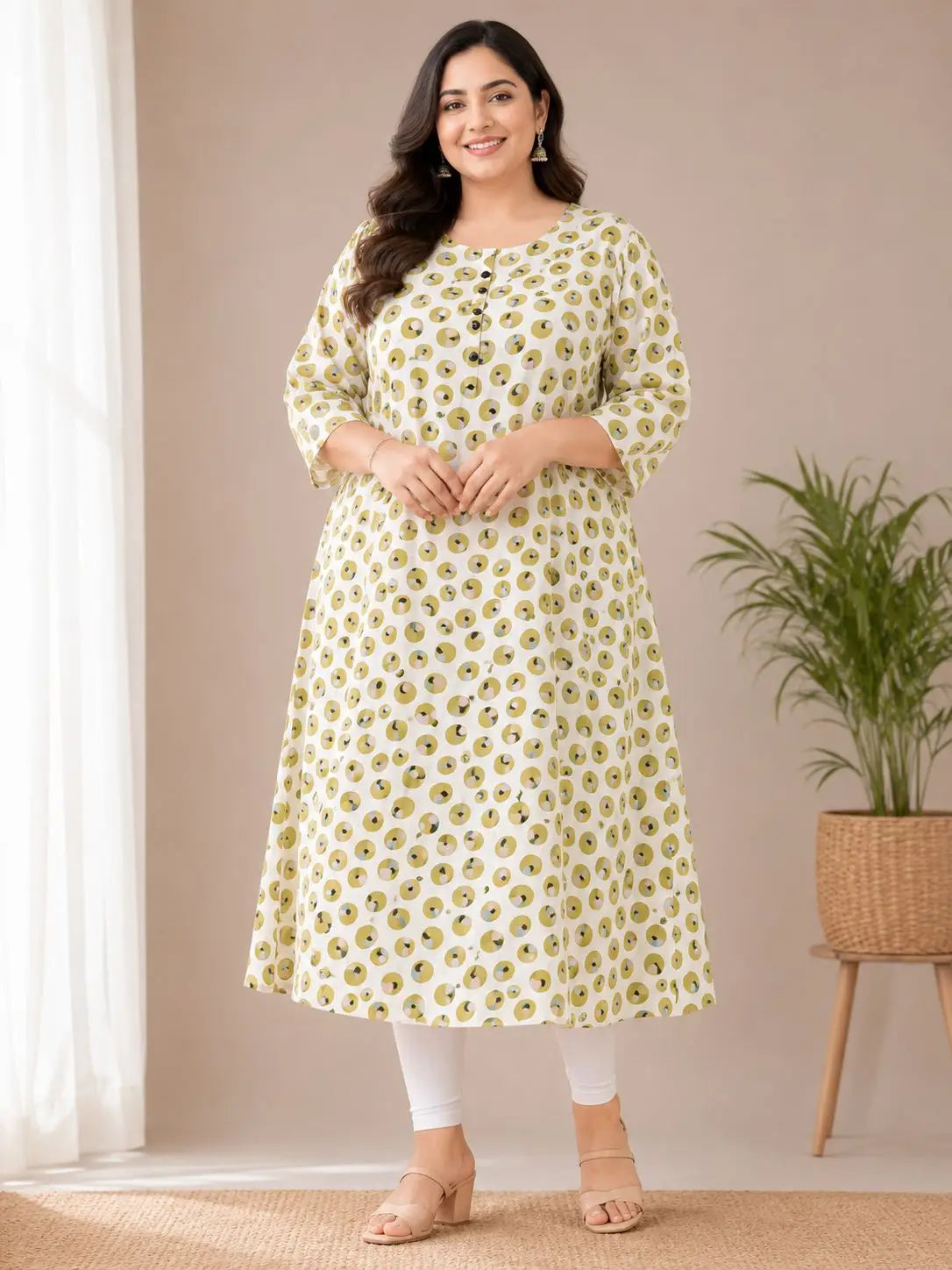 Women's Off White Abstract Printed 3/4 sleeves A-Line Kurti