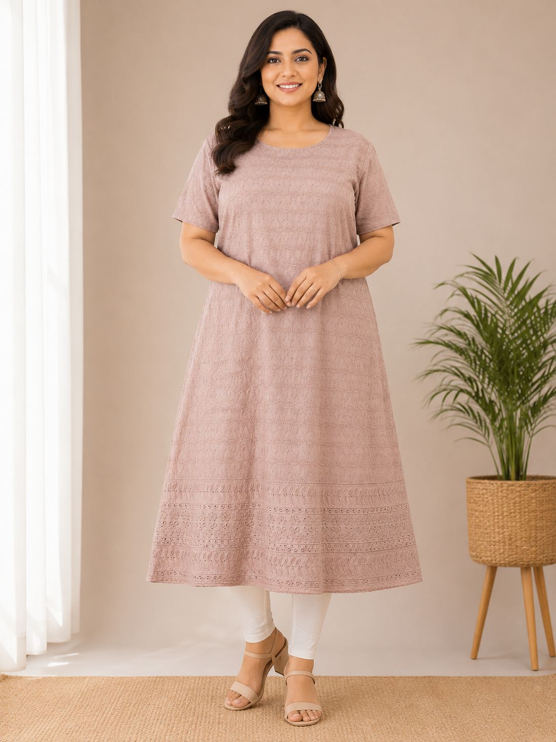Women's Dusty Mauve Schiffli Embroidered Straight Kurti