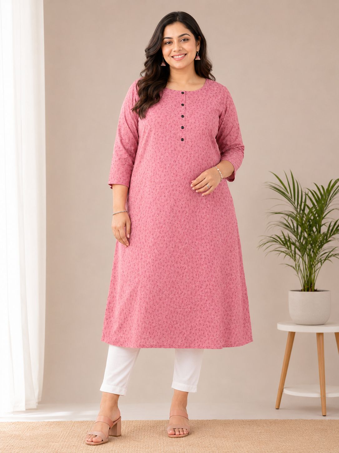Women's Dusty Rose Printed Straight 3/4 sleeves Kurti