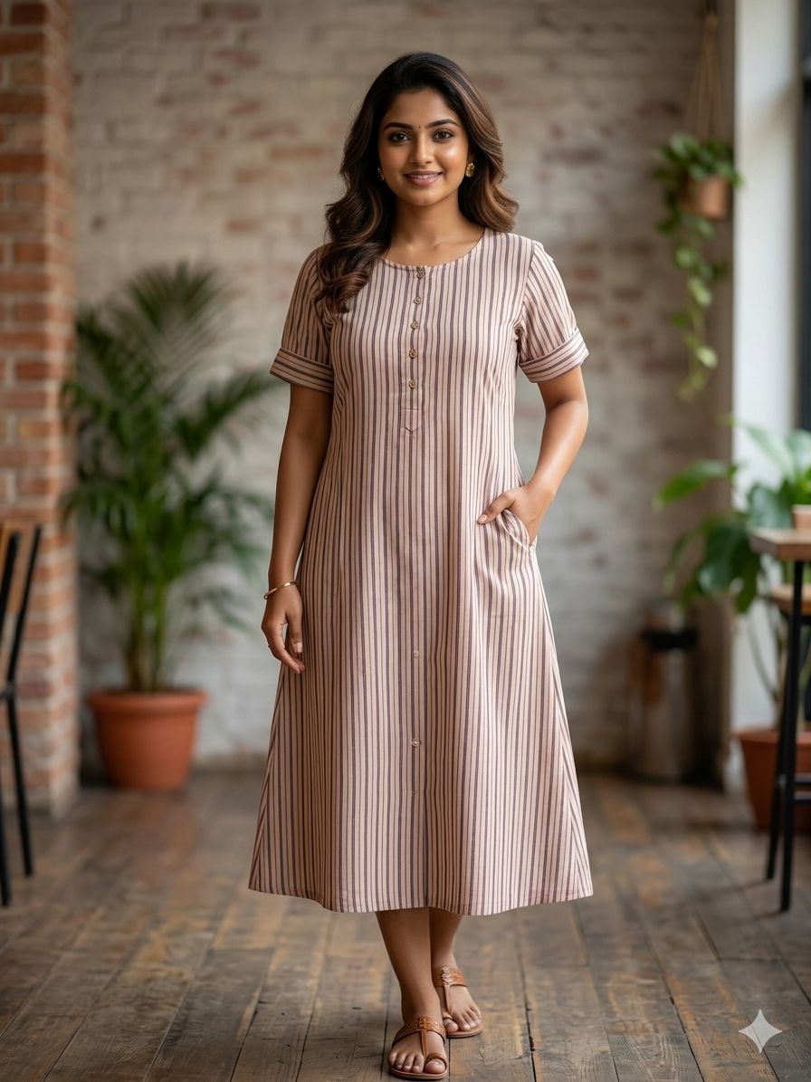 Women's Dusty Pink Vertical Striped Half sleeves A-Line Kurti