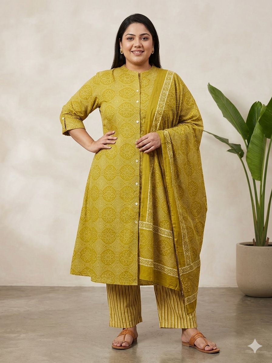Women's Olive Green Floral Bandhani Print 3/4 SLEEVES Kurti & Pant 3-Piece Co-Ord Set