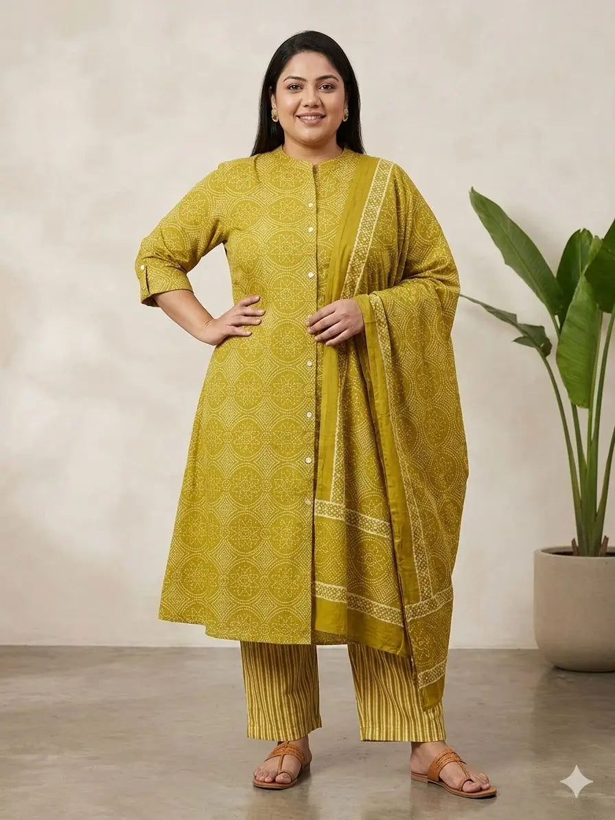 Women's Olive Green Floral Bandhani Print 3/4 SLEEVES Kurti & Pant 3-Piece Co-Ord Set