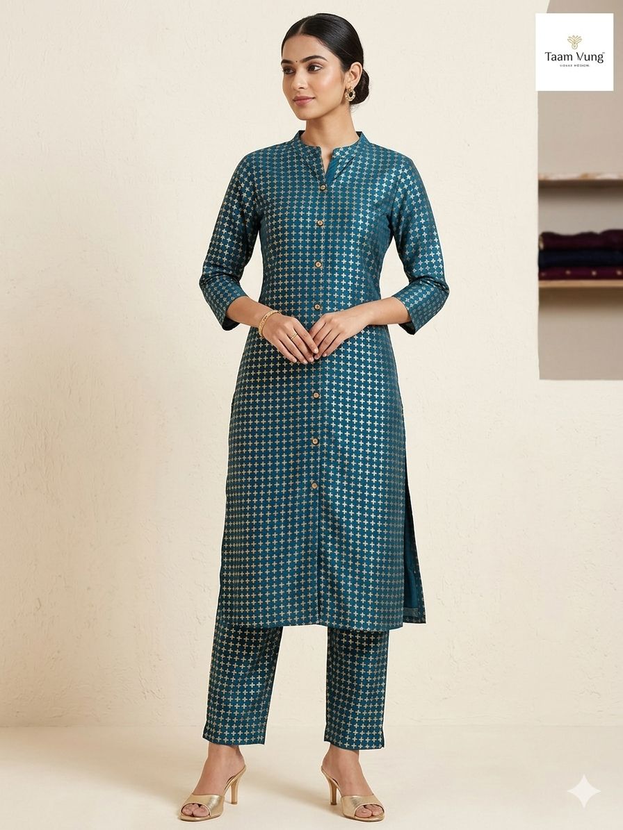 Women's Teal Blue Gold Foil Printed 3/4 sleevesKurti & Pant Co-Ord Set
