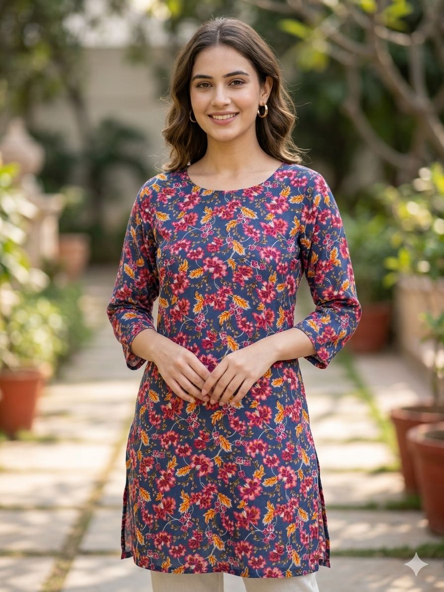 Women's Full length sleeves Steel Blue Floral Printed A-Line Kurti