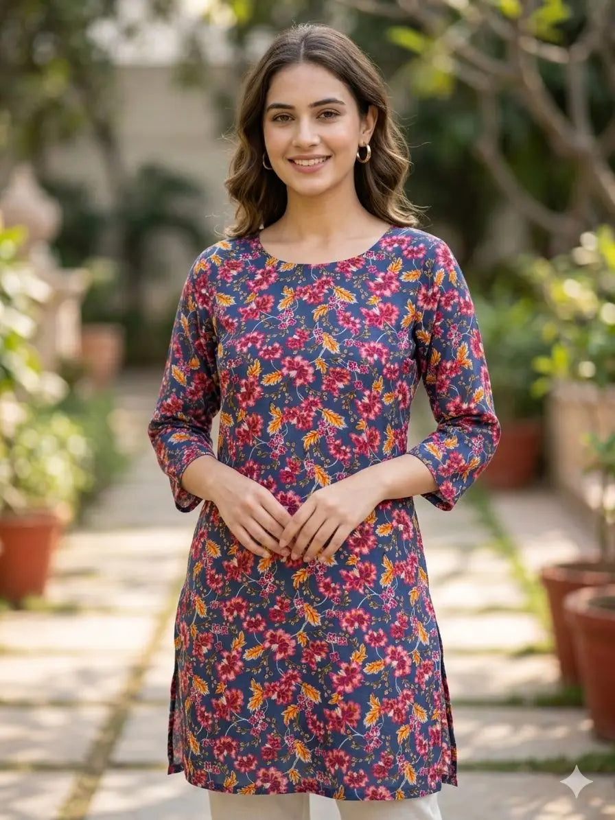 Women's Full length sleeves Steel Blue Floral Printed A-Line Kurti