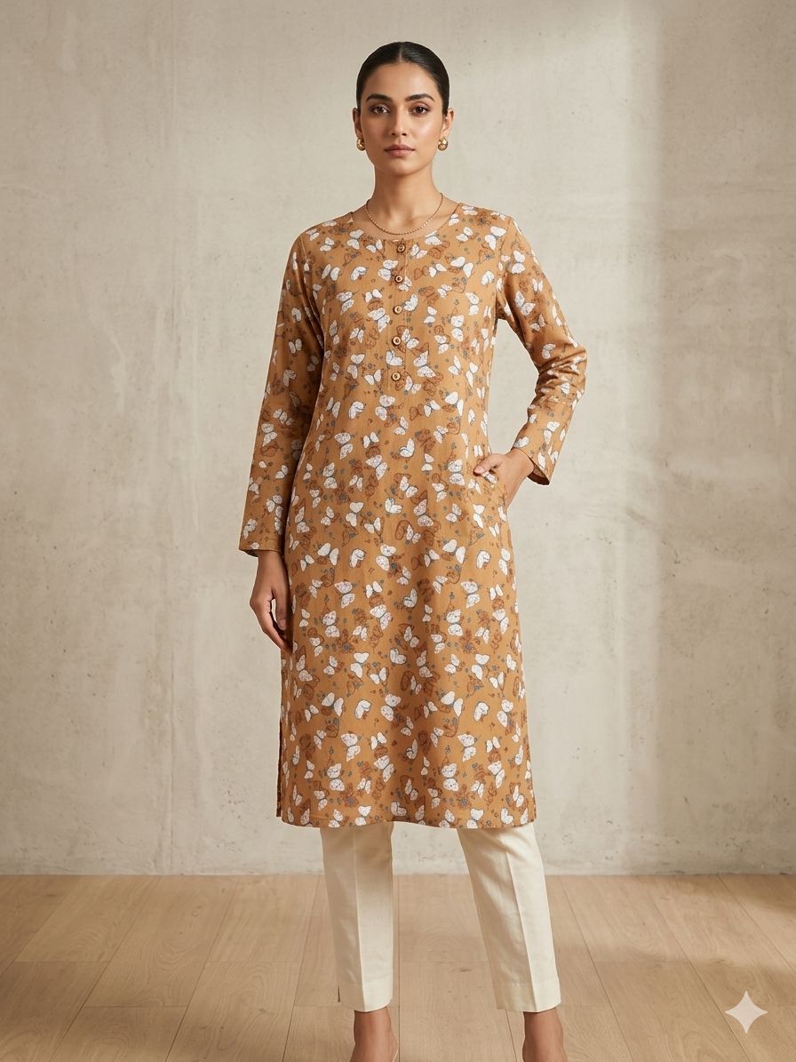 Women's Mustard Brown 3/4 sleeves Butterfly Printed A-Line Kurti