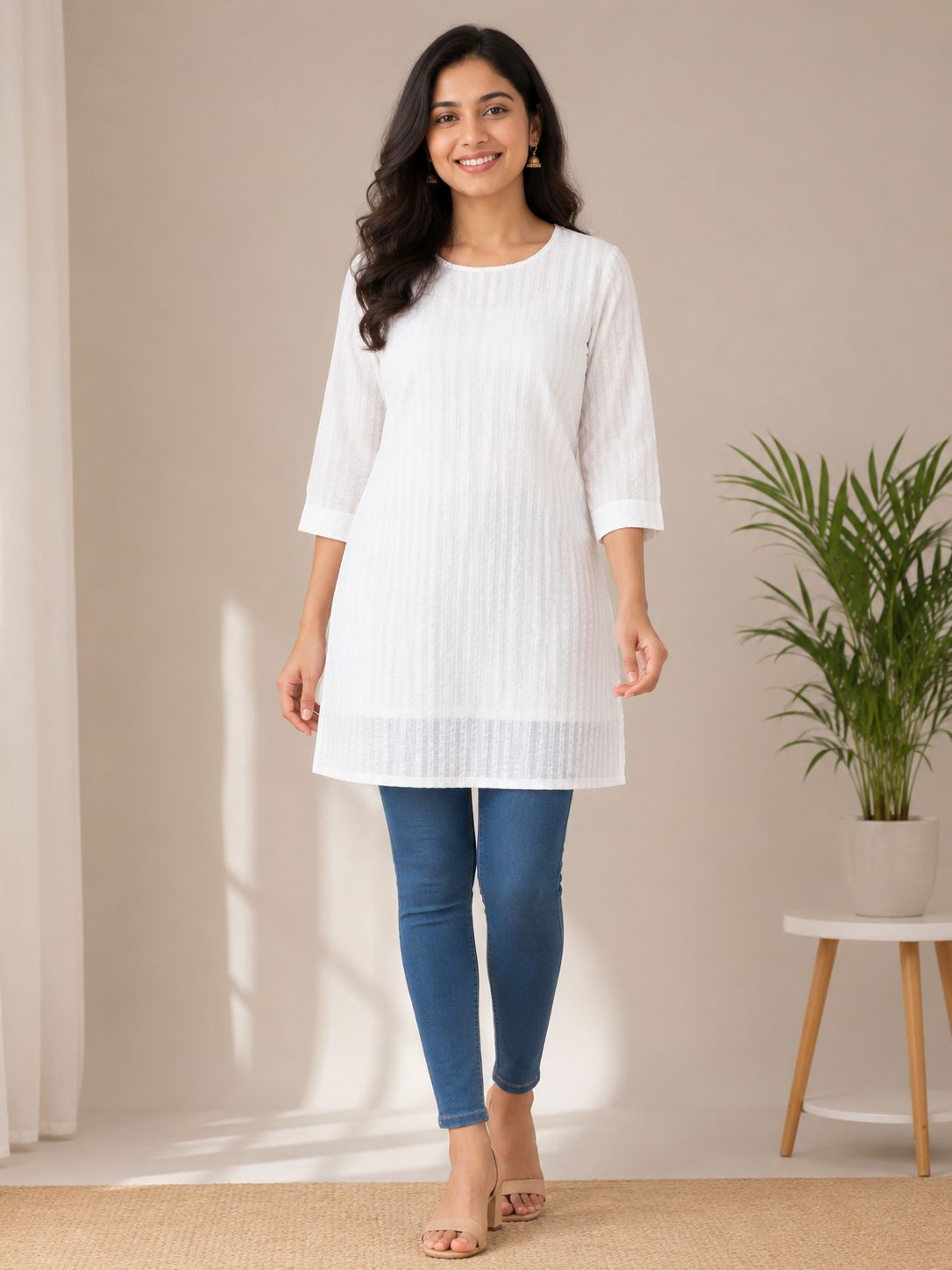 Women's 3/4 sleeves White Textured Cotton Kurti & Pant 2-Piece Co-Ord Set