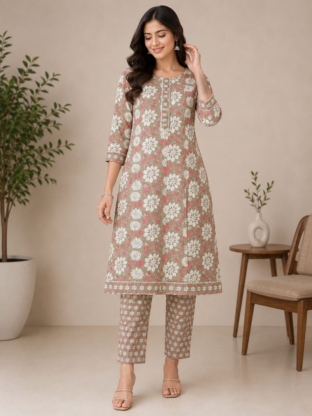 Women's Taupe Grey Floral Printed full Sleeves Kurti & Pant Co-Ord Set