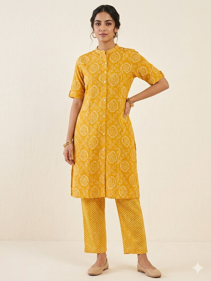 Women's 3/4 sleeves Mustard Yellow Bandhani Printed Kurti & Pant Co-Ord Set
